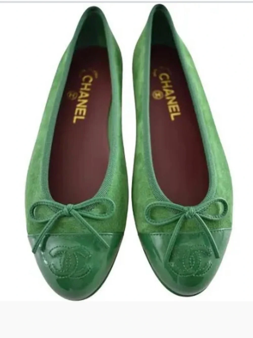 BNWB CHANEL 26A ballerina Green Suede & Patent CC Cap-Toe Ballet Flats